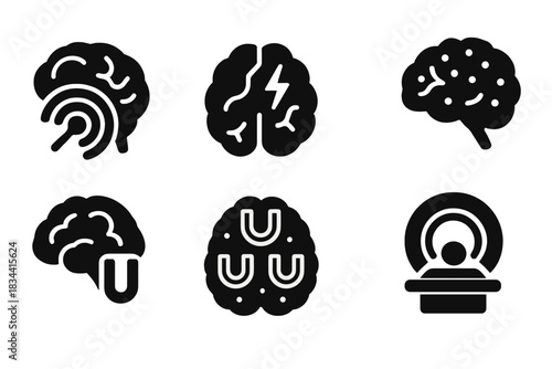 Brain Mapping Icons. Solid style icons of brain mapping in magnetic sensing: brain slice with field overlay, neural signal lines,
