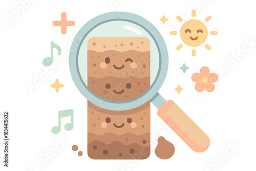 Joyful Soil Layers. A playful soil analysis tool with winking soil layers and joyful floating symbols, soft harmonious pastel