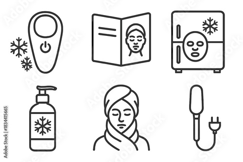 Cryo Facial Essentials. Line style icons of cryo facials at home: compact cooling device, home-use instruction manual, mask in