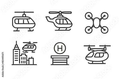 Flying Taxi Icons. Line style icons of flying taxis: vertical takeoff vehicle, aerial ride with rotor blades, passenger drone