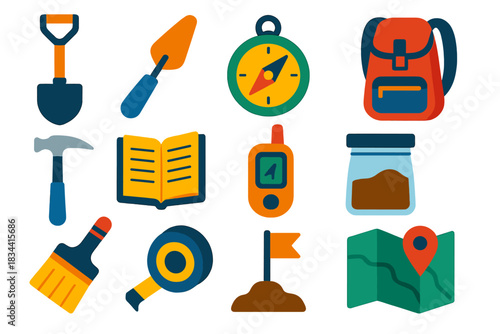 Geology Tools Icons. Flat vector icons of geological fieldwork in loess regions: shovel, trowel, compass, backpack, rock hammer,