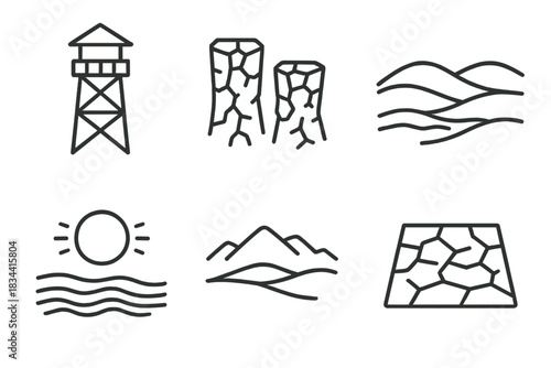 Barren Landscape Icons. Line vector icons of barren landscape structures: dry tower silhouettes, cracked soil columns, parched
