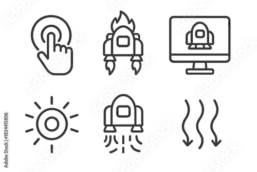 Jetpack Icons Set. Line style icons of jetpack startup and shutdown: ignition sequence button, jetpack boot process, pre-flight