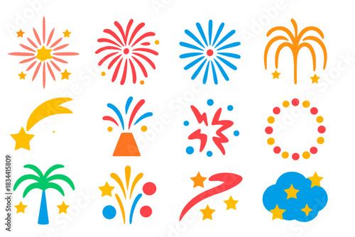 Bright Firework Icons. Flat vector icons of aerial firework effects: starburst, peony, chrysanthemum, willow, comet, fountain,