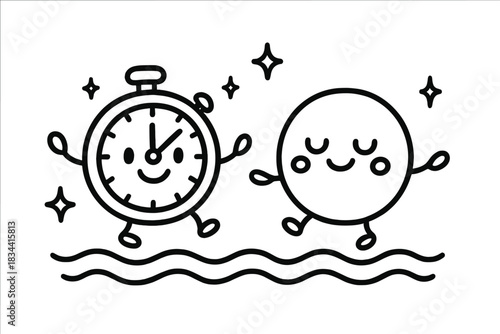 Friendly Timer Orbs. Doodle-style vector art of friendly timer and breathing guide orbs syncing with calm waves and sparkles, No