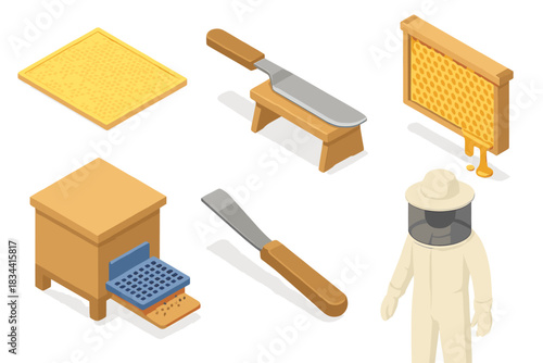 Beekeeping Tools Isometric. Isometric vector illustration set Beekeeping tools: wax foundation sheet, uncapping knife with stand,