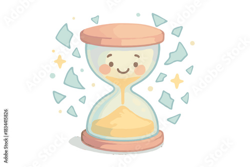 Playful Regret Hourglass. A smiling hourglass with playful regret fragments floating around, gentle pastel accents, No text, No