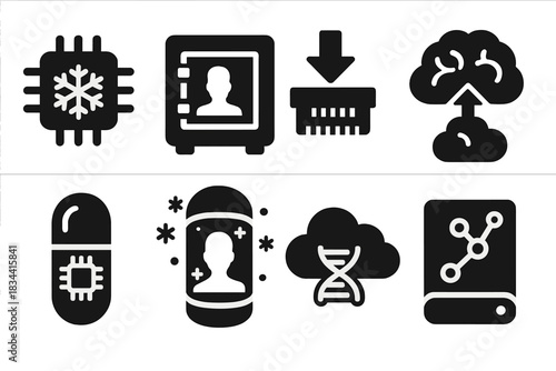Digital Identity Icons. Solid style icons of digital identity storage: frozen data chip, identity vault icon, memory upload glyph.