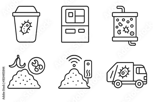 Waste Management Icons. Line style icons of waste management integration: recycling bin with microbe symbol, smart waste sorter,