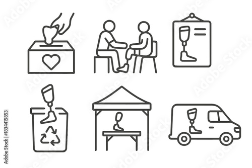 Prosthetics Outreach Icons. Line style icons of community outreach for prosthetics: donation box, volunteer fitting session,