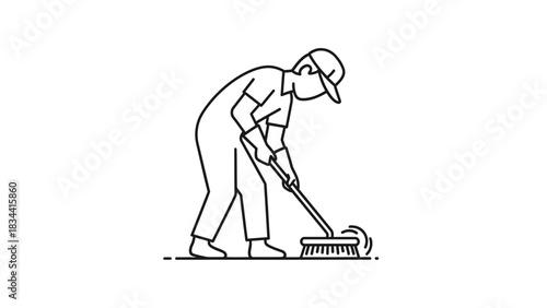 Cleaner sweeping floor with broom line art cleaning