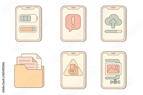 Smartphone Storage Management. Isometric vector illustration set Basic smartphone storage cleanup and management: battery and