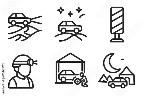 Night Rally Icons. Line style icons of night rally stages: headlights through dunes, starry sky above car, reflective track marker