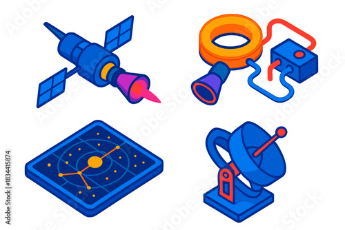 Space Exploration Icons. Isometric vector illustration set Space exploration – interstellar probe concept, fusion drive, plasma
