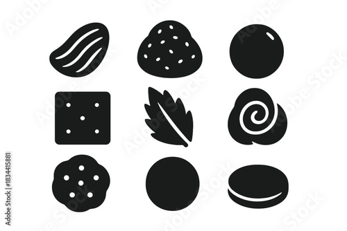 Gourmet Snack Icons. Solid style icons of gourmet dry snacks: dehydrated mousse chip, powdered truffle shape, crunch fruit dot.