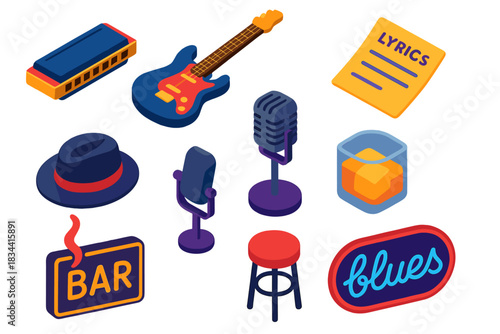 Blues Music Icons. Isometric vector illustration set Musical genres – harmonica, electric guitar, blues lyrics sheet; fedora hat,