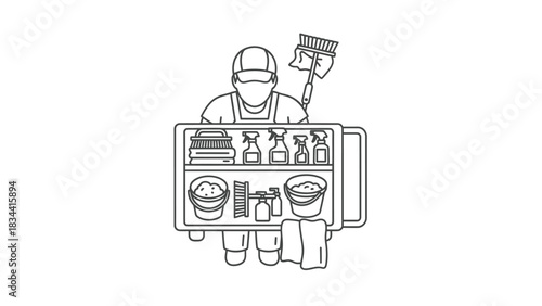 Cleaner with cleaning cart and supplies janitor housekeeping