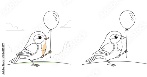 Cute cartoon bird holding a balloon, black and white line art character with minimal color for coloring book vector illustration