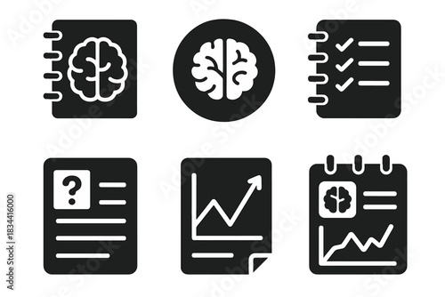 Awareness Journaling Icons. Solid style icons of awareness journaling practices: brain + notebook icon, insight record glyph,