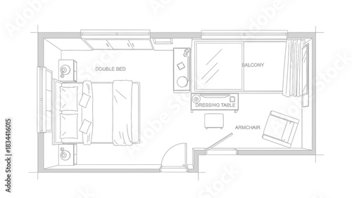 Detailed floor plan of a hotel room with balcony interior design
