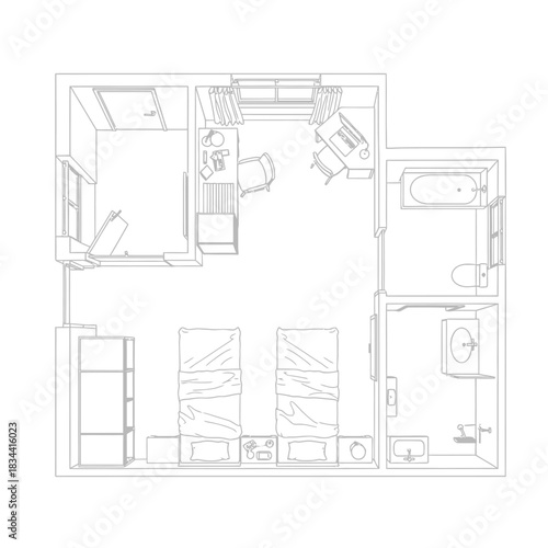 Detailed Floor Plan of a Hotel Room with Two Beds and Bathroom