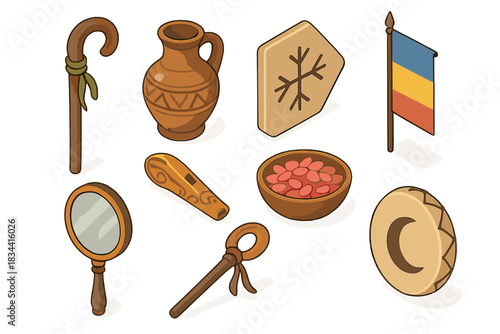 Cultural Rituals Icons. Isometric vector illustration set of Cultural rituals: elder’s staff, ceremonial water jug, protection