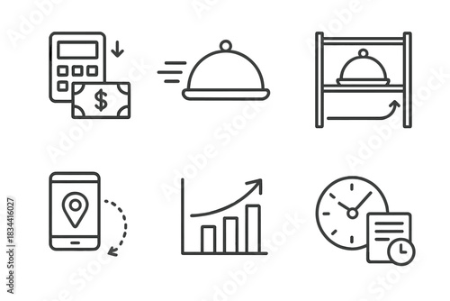 Ghost Kitchen Icons. Line style icons of ghost kitchen benefits: reduced overhead icon, fast setup symbol, optimized space icon,