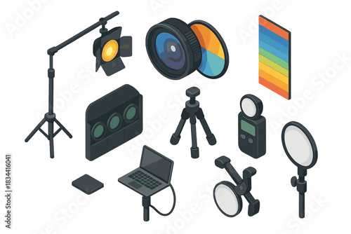 Camera Gear Isometric. Isometric vector illustration set of Camera and Photography: studio boom pole, lens flare filter, color