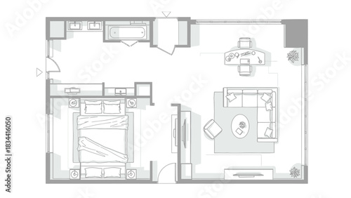 Detailed floor plan of a spacious apartment with bedroom and living area