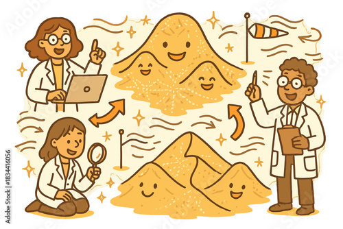 Dune Workshop Whimsy. Whimsical doodle dune formation workshop with happy scientists, cartoon dunes with faces, cheerful arrows