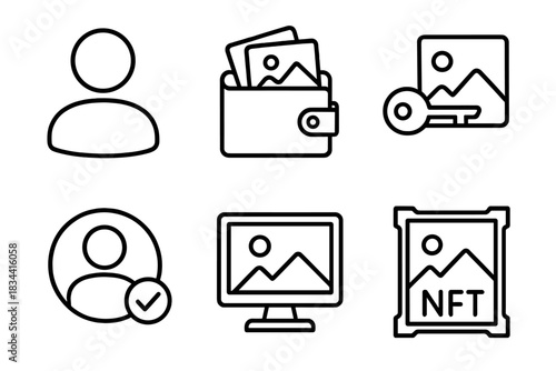 NFT Collectors Icons. Line style icons of collectors and NFT owners: collector avatar, wallet with photos, ownership key icon,
