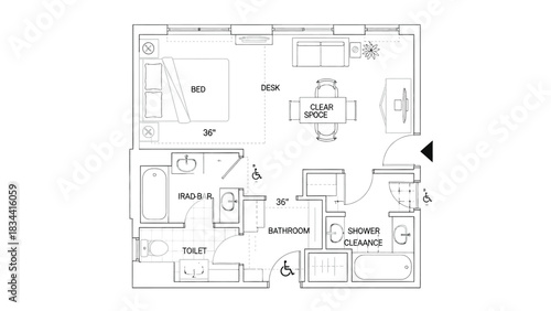 Detailed floor plan of an accessible studio apartment
