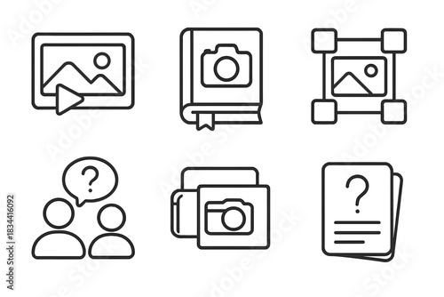 Photo NFT Icons. Line style icons of photo NFT education and learning: tutorial video icon, minting guidebook, camera class token,