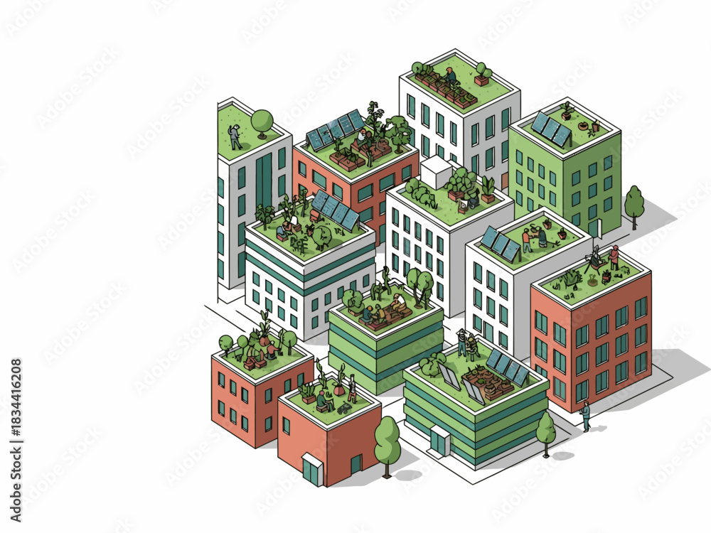 Obraz premium Sustainable Cityscape Rooftop Gardens & Solar Panels in Urban Buildings