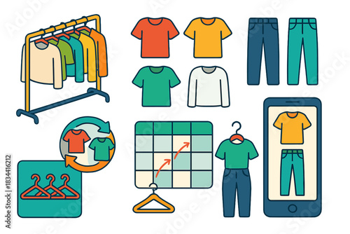 Sustainable Fashion Icons. Isometric vector illustration set Sustainable fashion – capsule wardrobe rack, neutral tops, versatile