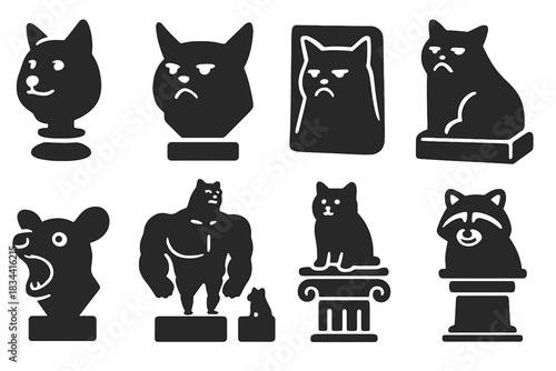 Animal Meme Sculptures. Solid style icons of animal meme icons: doge head sculpture, dramatic cat bust, grumpy feline stone.