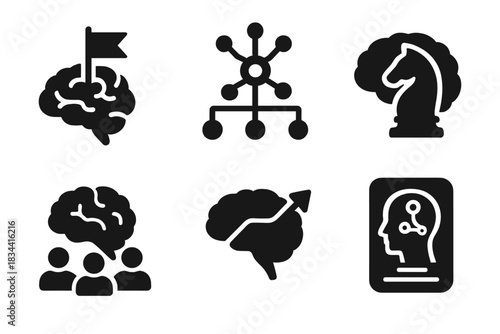 Neuroleadership Icons. Solid style icons of neuroleadership: brain with leadership flag, neuron network with hierarchy, cognitive