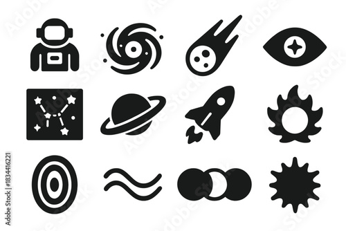 Cosmic Icons Collection. Solid style icons of Cosmic Journeys: Astronaut, Galaxy, Meteor, Cosmic Eye, Star Map, Saturn, Rocket,