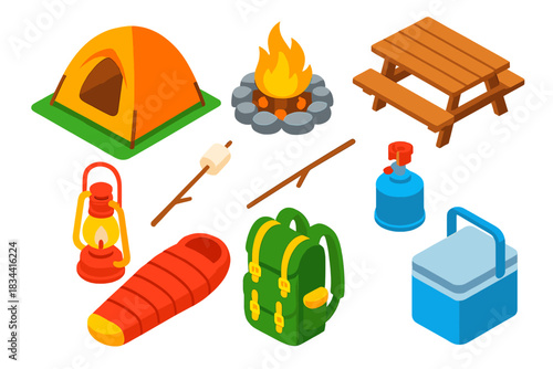 Hiking Gear Isometric Icons. Isometric vector illustration set Hiking trails – pop-up tent, campfire circle, picnic table; lantern