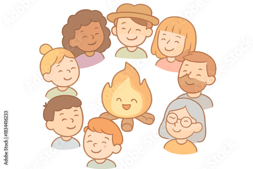 Joyful Avatar Campfire. A smiling circle of avatars around a joyful campfire, gentle pastel accents, No text, No labels, isolated