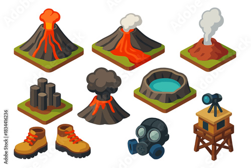 Volcanic Adventure Icons. Isometric vector illustration set Mountain landscapes – volcanic cone, lava flow, fumarole steam; basalt