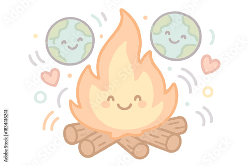 Cheerful Virtual Campfire. A cheerful virtual campfire with smiling flames representing "global connections," soft pastel doodle