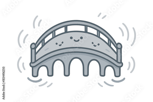 Whimsical Vibrating Bridge. A cartoon bridge vibrating gently with visible soundwave lines, tiny happy faces on the bridge,