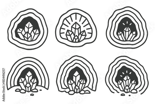Ore-Filled Geological Icons. Line vector icons of an ore-filled opening on a geological feature: metallic cavity shapes, radiant