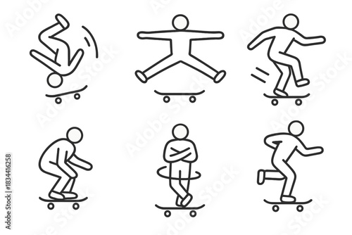 Skater Trick Icons. Line style icons of aerial tricks and jumps: skater in backflip, mid-air spread legs, sideways jump motion,