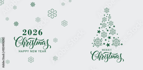 Elegant 2026 Christmas and Happy New Year greeting card with snowflakes and stylized Christmas tree made of stars on light background, minimalist festive holiday design for seasonal stock illustration