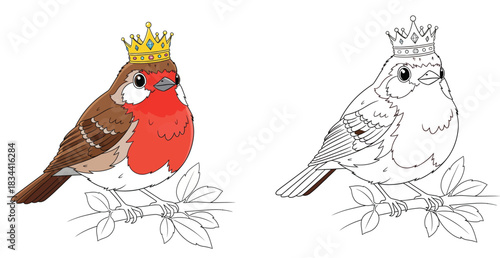 Cute cartoon robin bird wearing a golden crown perched on a tree branch, royal animal character with red breast vector illustration isolated on white