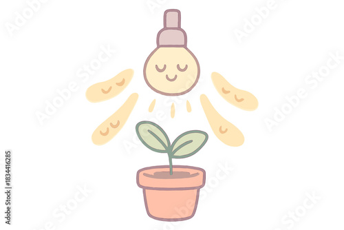 Smiling Light Beams. A tiny "growth optimization" light recipe with smiling beams over the plant, cozy pastel doodle colors, No