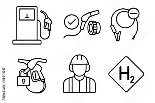 Refueling Safety Icons. Line style icons of refueling safety and procedure: step-by-step pump icon, connection check icon,