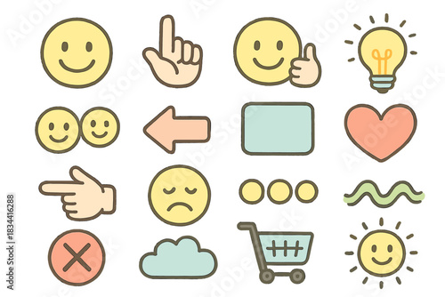 Cheerful Symbol Icons. A cheerful "alternative communication" symbol builder with smiling icons, soft pastel doodle style, No text